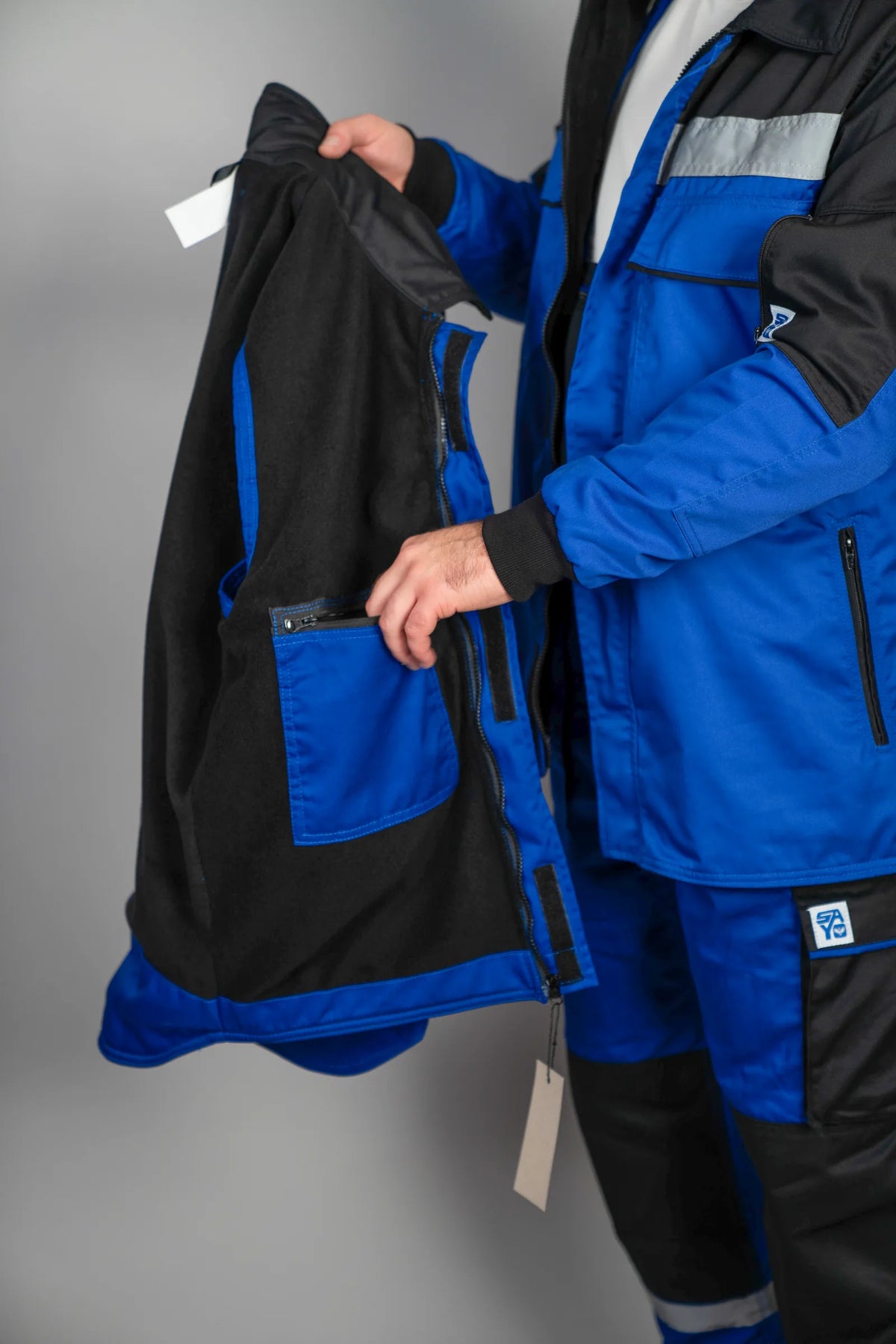 Kraljevsko plave radne pantalone, zimska jakna i prsluk Sayo